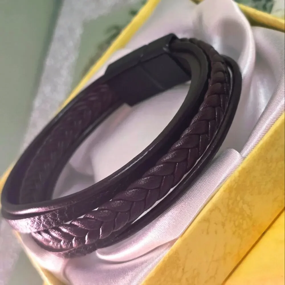 Brown Genuine Braided Brown  Leather Titanium Magnetic…